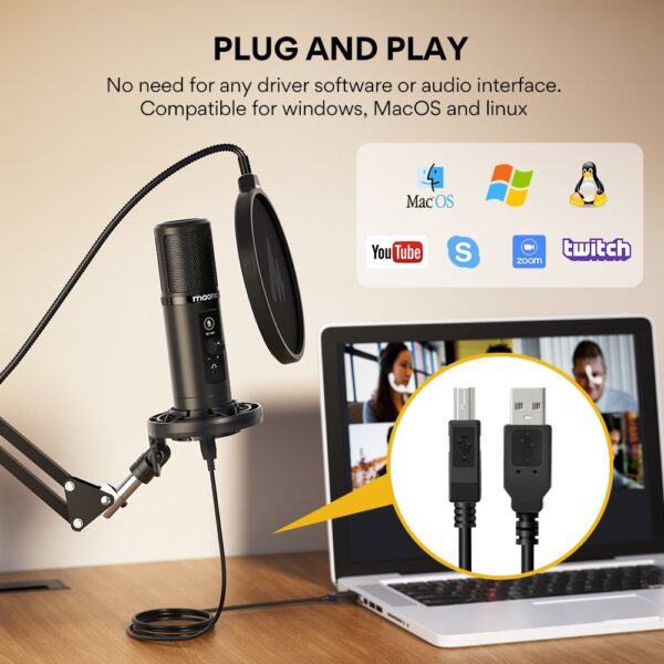 Maono - PM422 Podcast USB Set: Microphone + Boom Arm + Cable, Plug&Play - Slika 8
